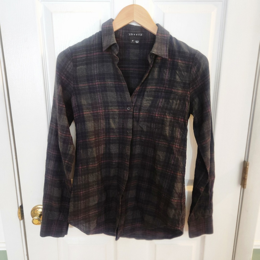 Theory Nikala Plaid Virgin Wool Blend Button Down Shirt Dark Grey Red Gorpcore